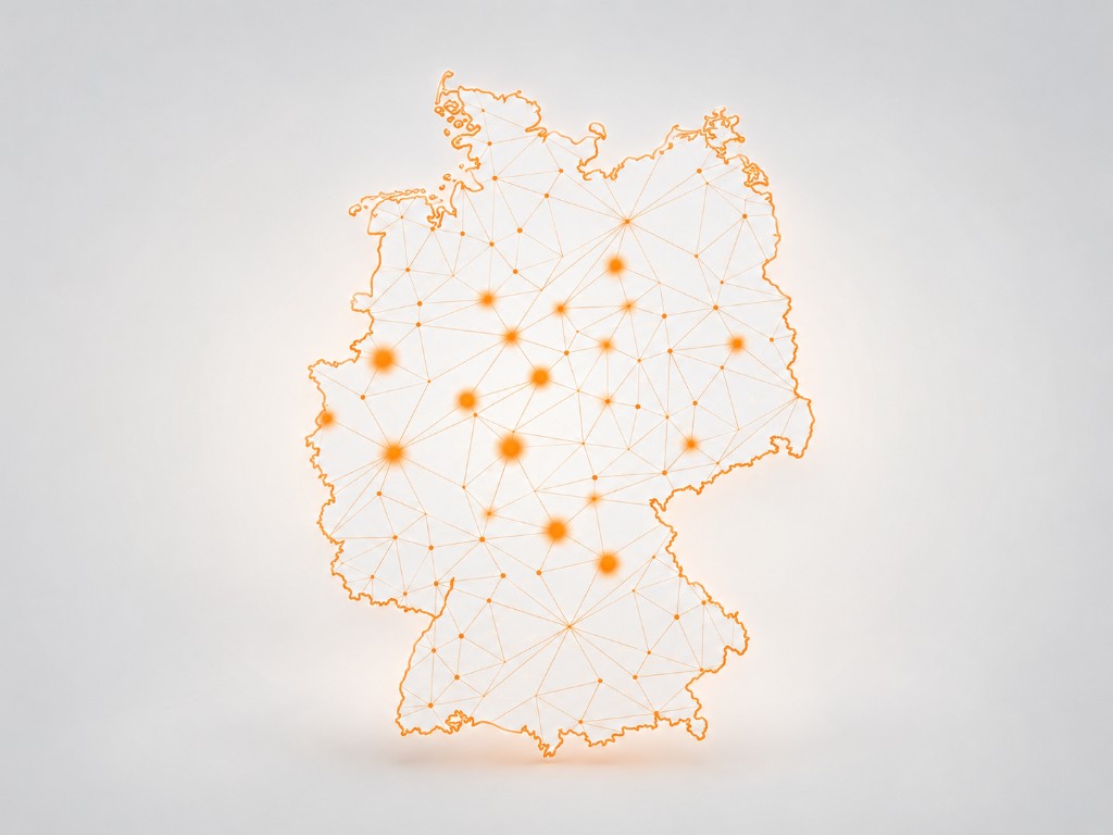 Abstrakte Netzwerkkarte von Deutschland mit verbundenen Standorten – Symbol für das bundesweite Unfallpaten-Partnernetzwerk.